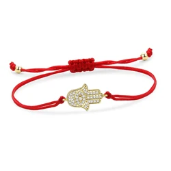 AAA Cubic Zirconia Crystal Gold-plated Brass Hamsa Hand Of Fatima Evil Eye Charm Bracelet Women Red String Handmade Jewelry Gift