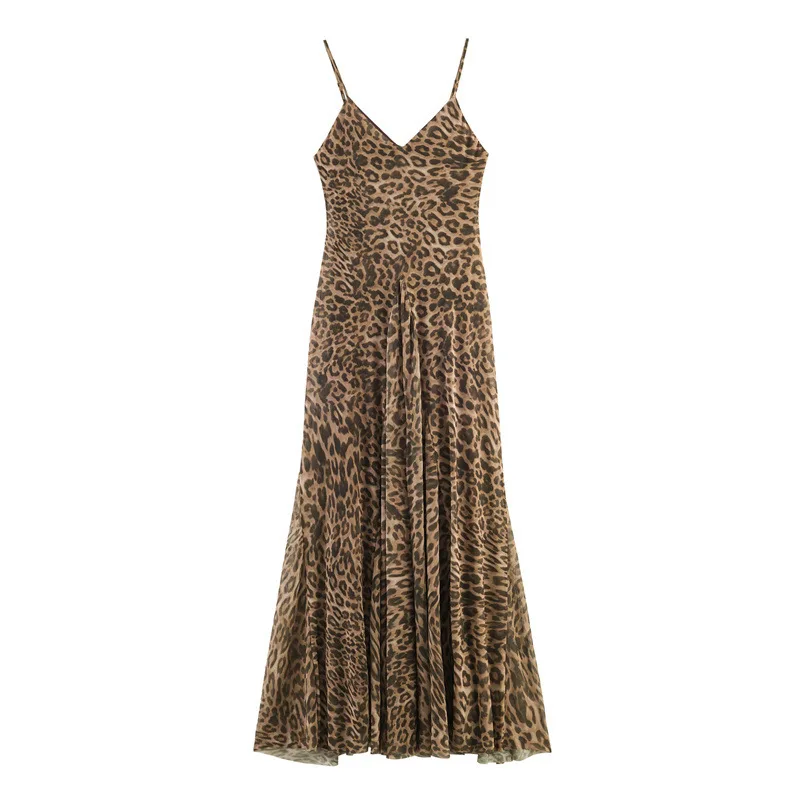 

2026 New Womens Sexy Vintage Leopard Print Sling Maxi Dress V Neck Sleeveless Backless Slim Long Robe Summer Beach Party Wear