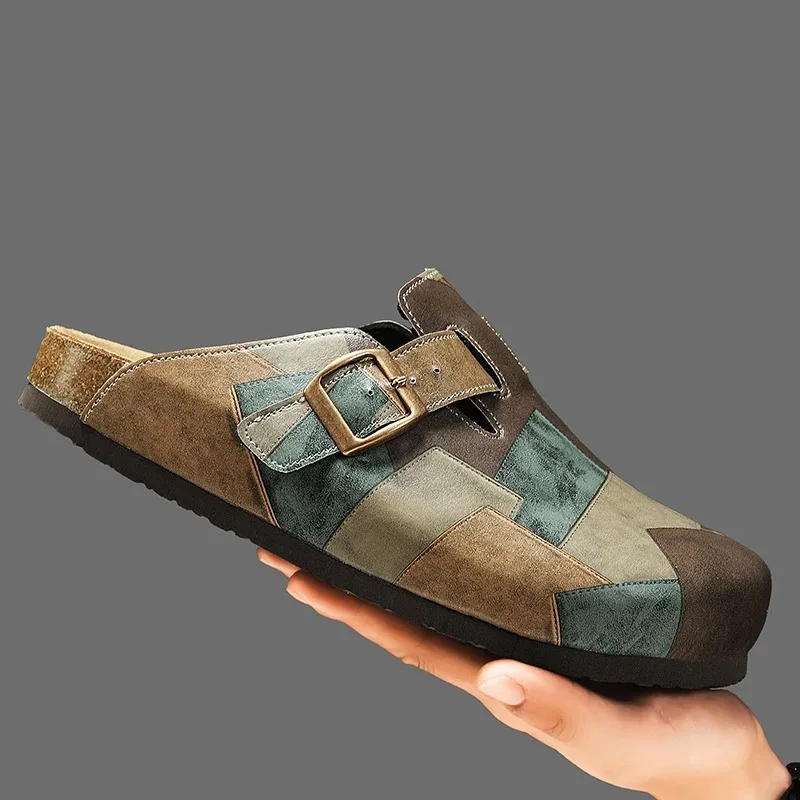 Men Shoes Mules Cork Closed Toe Slippers Clogs Fashion Leather Sandals Adjustable Buckle Backless Comfort Footbed Shoes for Men