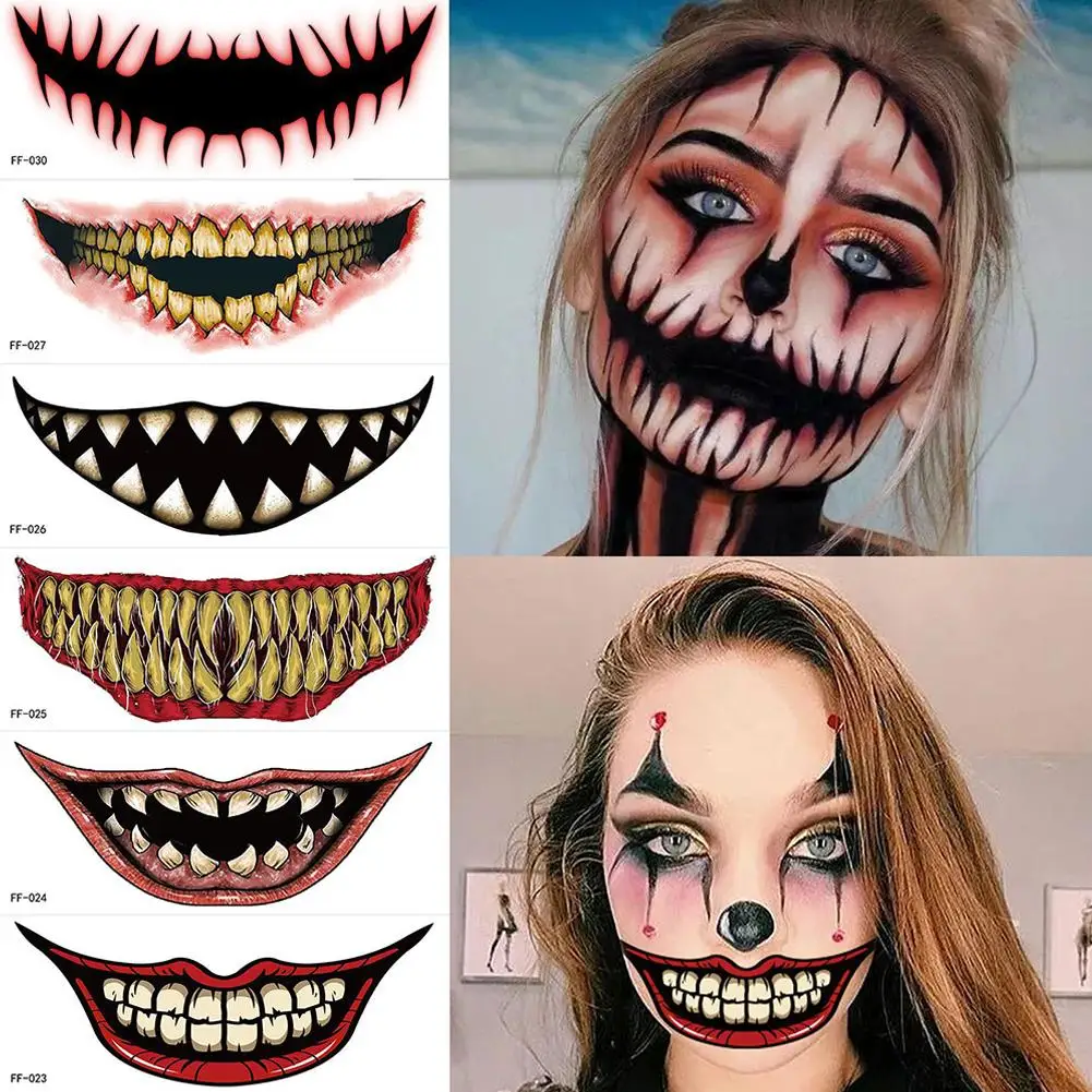 Pegatina de cara de Boca Grande de terror de Halloween, pegatinas de disfraz de fiesta de maquillaje divertidas, tatuaje de Diablo, accesorios de Cosplay impermeables W9X9