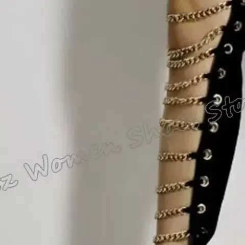 Metal Chain Sandals Boots Over The Knee Leather Fashion Novelty Sexy Elegant Women Shoes Solid Color Pointed Toe Thin High Heels