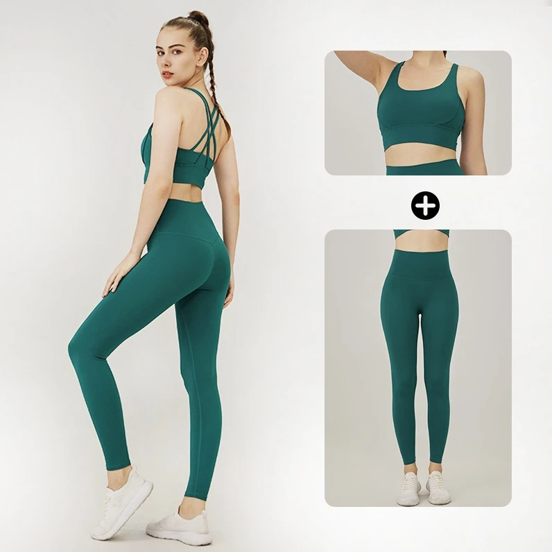 Classic women's yoga suit 2 piece set cross sling bra vest, butter touch stretch leggings gym workout dance sports suit