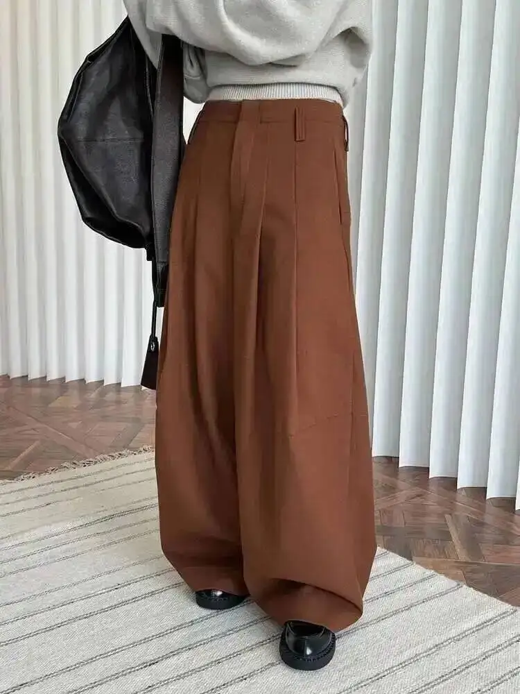 [LANMREM] 2026 Winter New Thick Warm Pants For Women High Waist Pleated Wide Leg Trousers Office Lady Clothes Minimalism 26C967