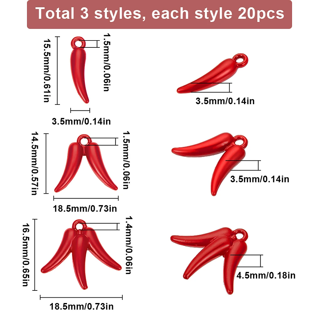 1 Box 60Pcs Hot Pepper Charm Chili Pepper Charms Enamel 3D Red Italian Horn Chilis Miniature Vegetable Charms for Jewelry Making