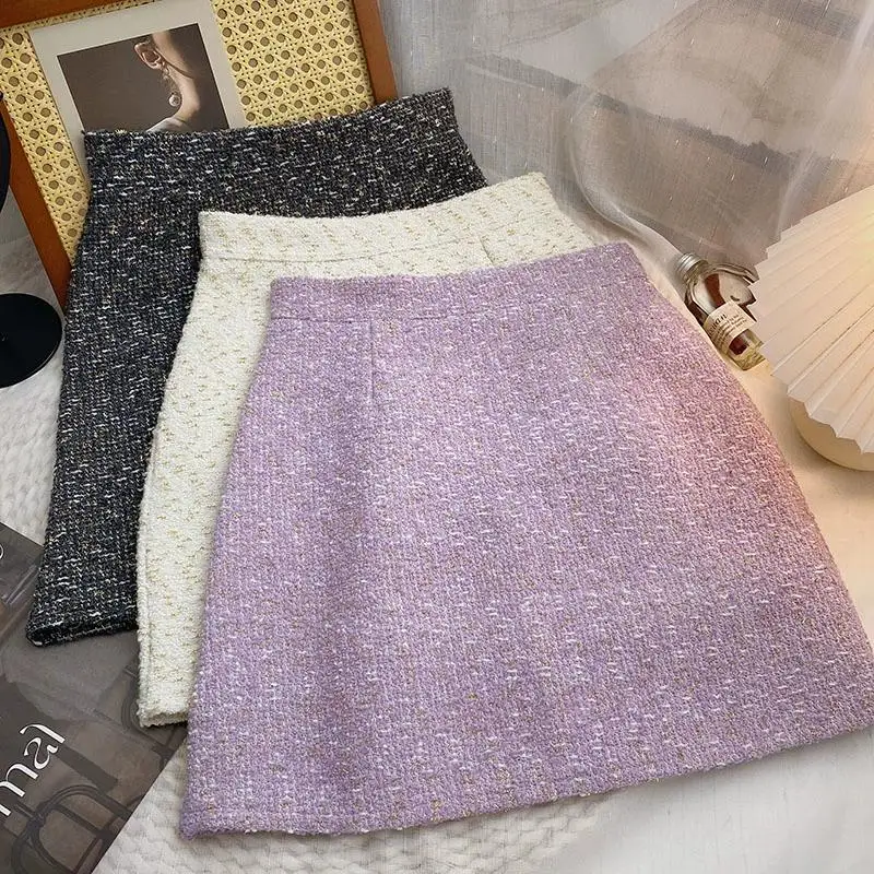 Women's 2026 Autumn Winter Tweed High Waist Safety A-Line Bodycon Mini Skirt Purple Korean Chic Elegant Coquette Skort Trendy