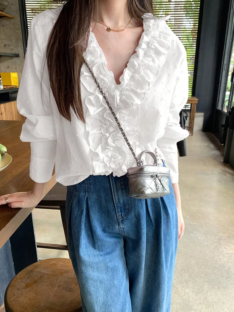 

2025 Fall New Arrival Women's Double-Layer Pink V-Neck Blouse with Ear-Shaped Collar Elegant Everyday Wear Home & Casual