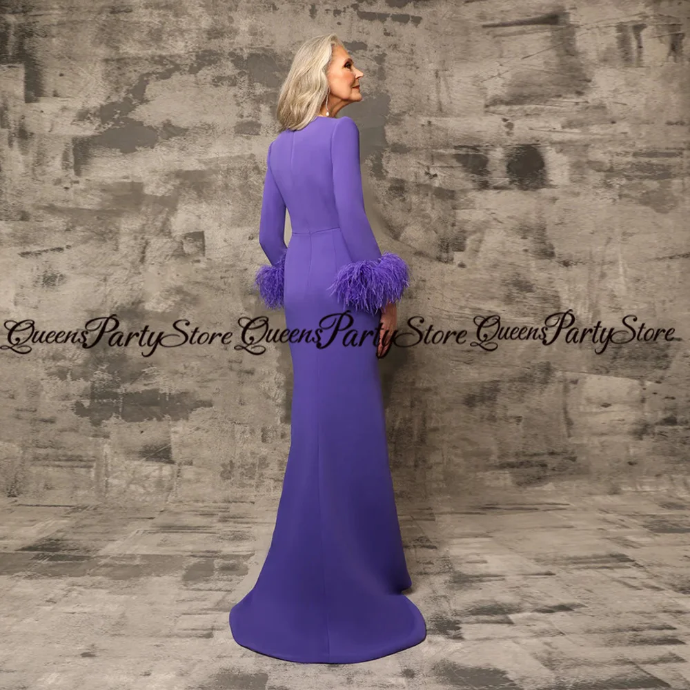 Lavender Mermaid Mother of The Groom Gown Customized Boat Neck Long Sleeve Feathers Sweep Train Stretch Buttons Bride Dress