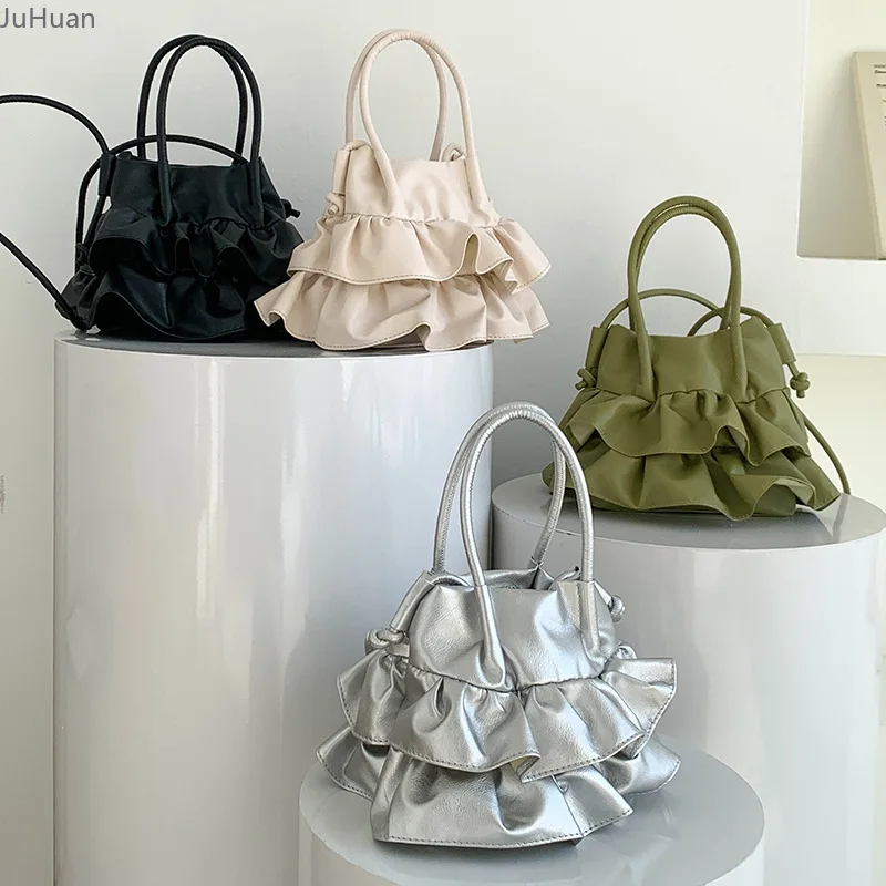 

Korean Ins Versatile Underarm Bag Women's French Gentle Lotus Leaf Edge Portable Petal Bucket Bag Crossbody Skirt Bags Versatile