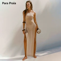 Vestido playero de punto transparente para mujer, traje Sexy con abertura Maxi, Bodycon, elegante, cuello Halter, 2024