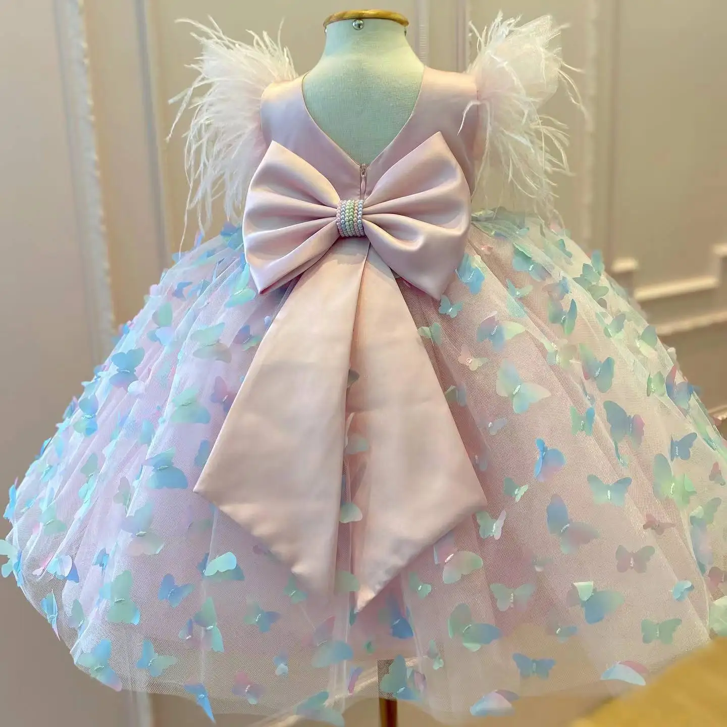 3D Butterfly  Feather Sleeve Flower Girl Dress Luxury Princess Pageant Party Ball Gown Dress for Girls