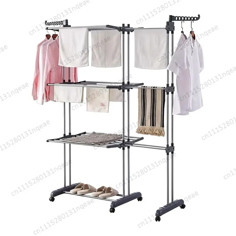 Iron Floor Folding Telescopic Three-layer Double Rod Drying Rack Indoor Wardrobe Towel Multi-functional Storage Rack