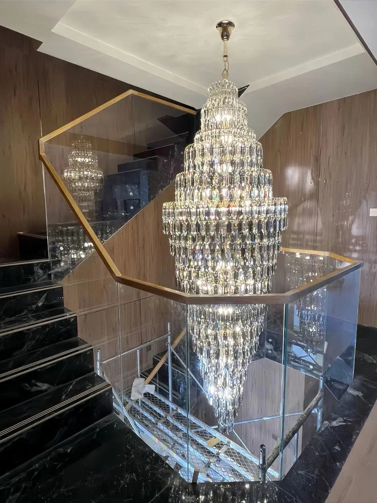 

High-end Spiral Staircase Long Chandelier Duplex Building Chandelier Villa Living Room Crystal Lamp Hotel Luxury Chandelier