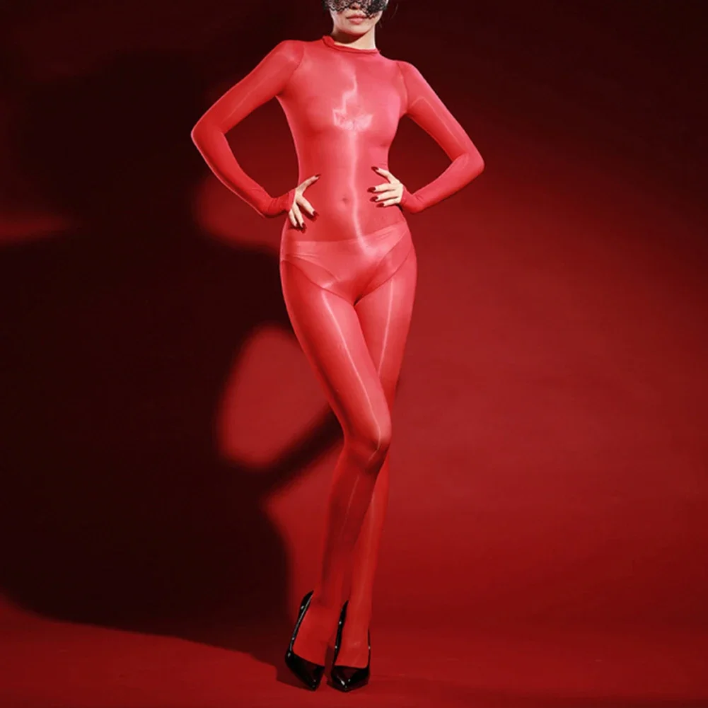 

Womens New Sexy Lingerie Shiny See-through Silky Sexy Long Sleeves Bodysuit