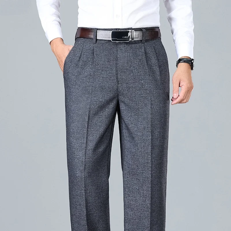 

Autumn Double Pleated High Waist Suit Mens Pants Black Gray Deep Rise Trousers For Male Office Formal Pants For Men Size 42 44