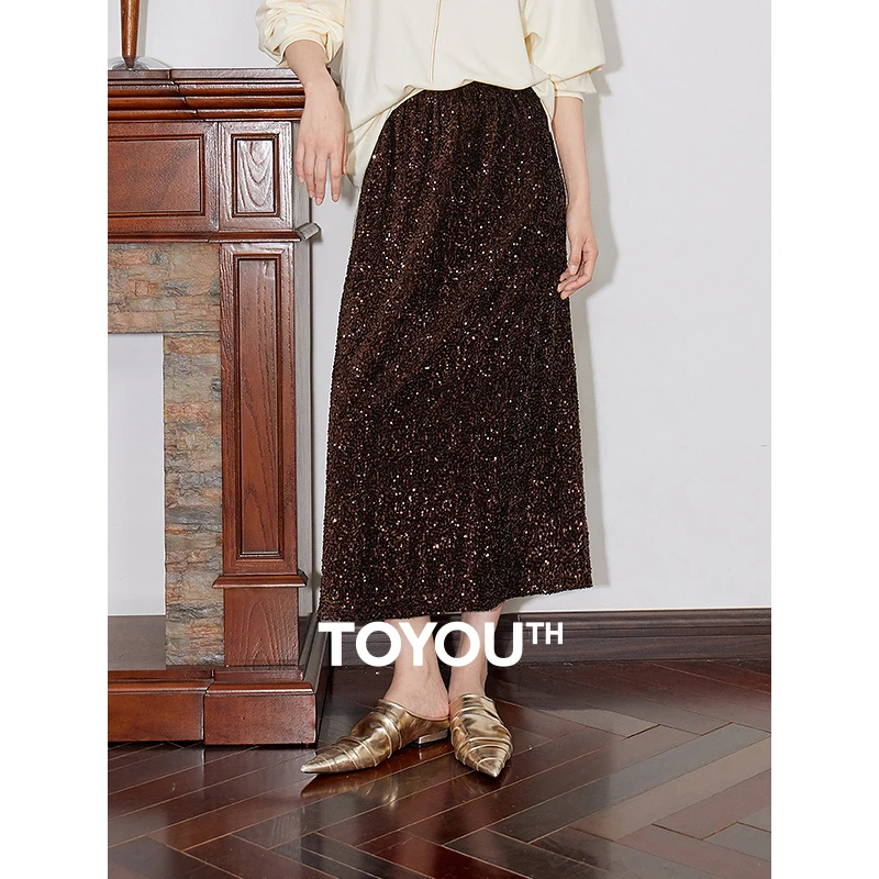 TOYOUTH Women Skirt 2024 Autumn New Pearl Velvet Nack Slit H Shape Elastic Waist Mid Length Skirt