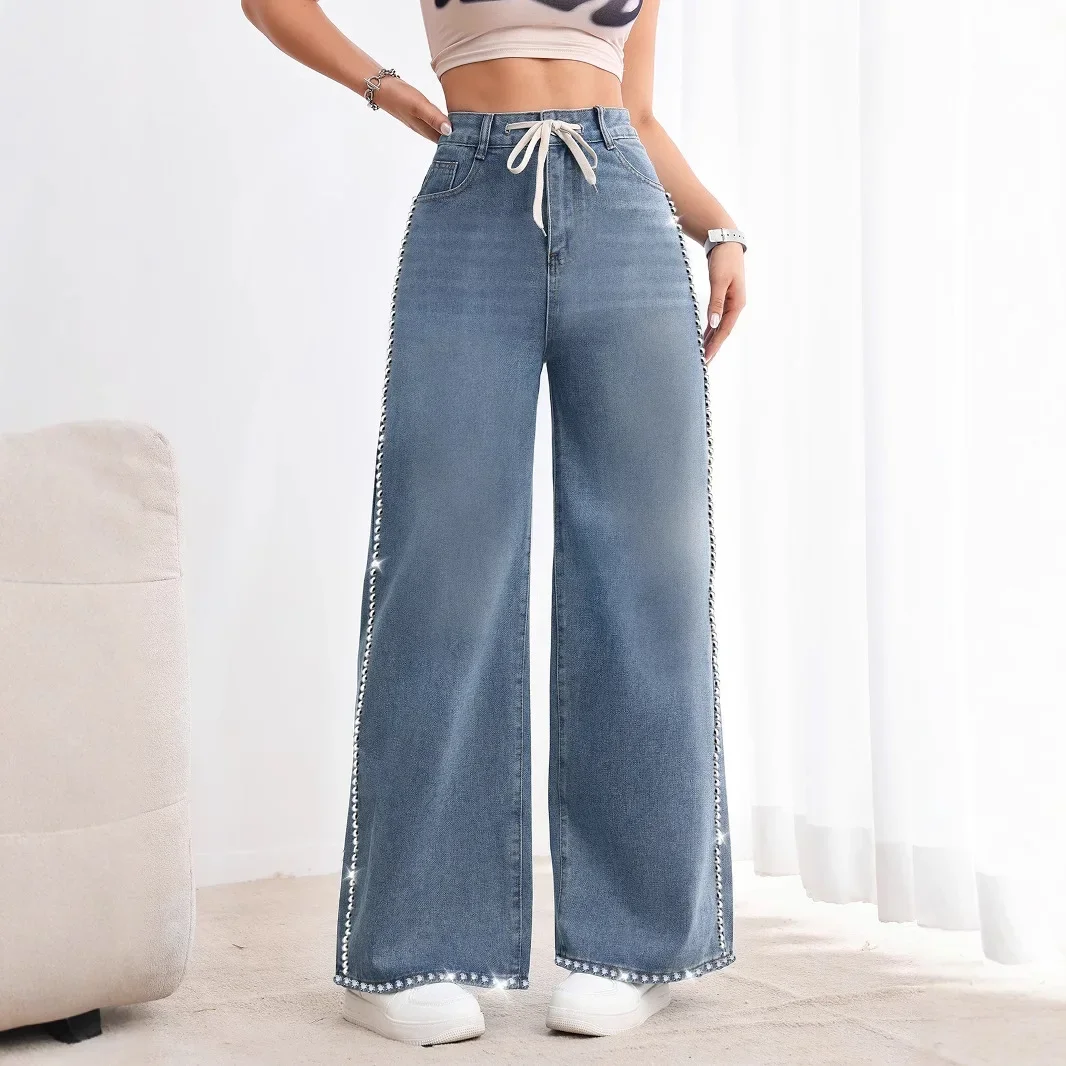 

Jeans Wide Leg Pants Women Vintage Denims Embroidered Flares Lace Up High Waist Washed Distressed Floor Length Straight Trousers