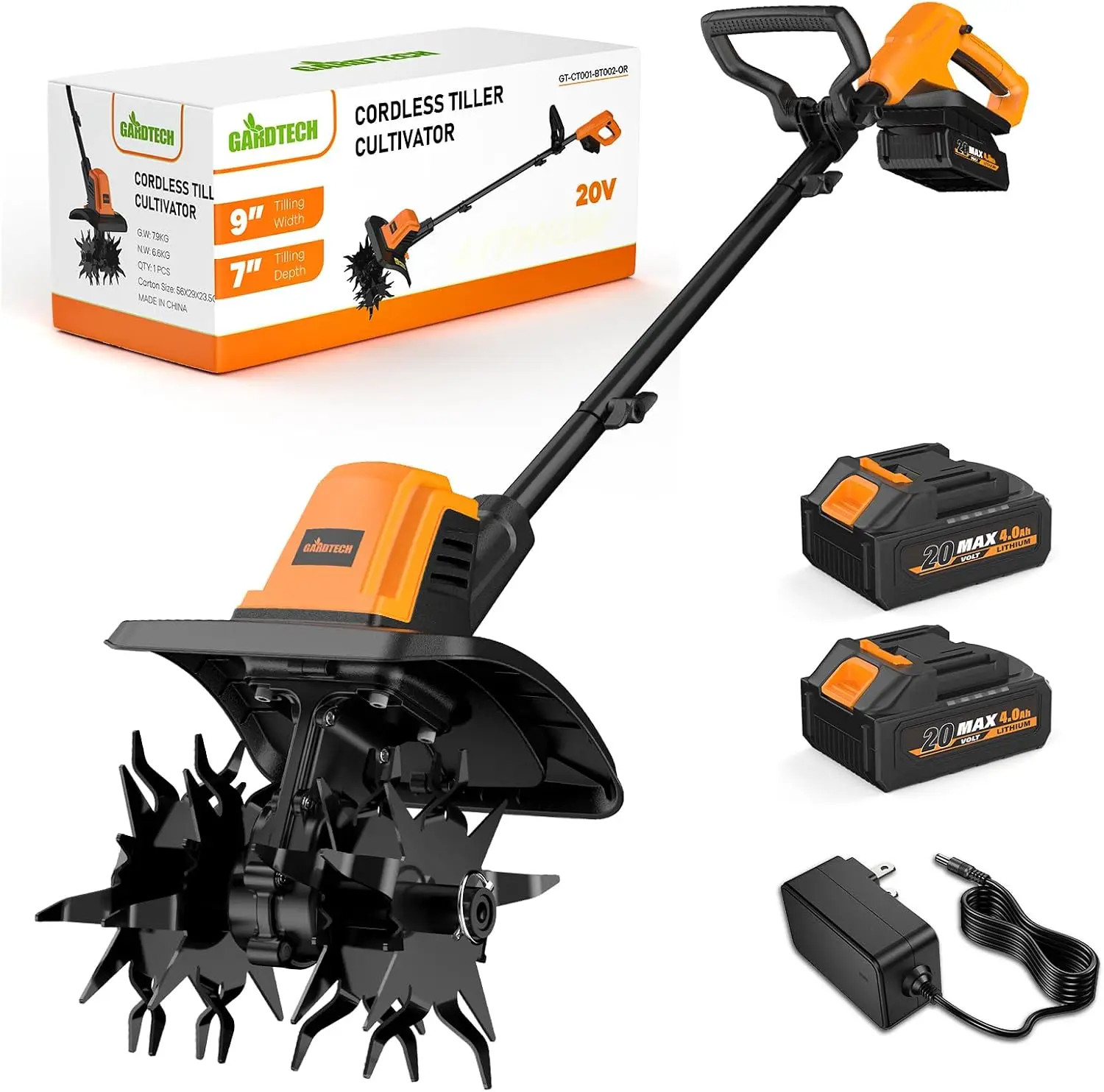 20V Cordless Garden Tiller Cultivator, 330 RPM Electric Tiller with Two 4.0Ah Batteries and Charger, 9-Inch Tilling Width and 6-Inch Depth, for Gardening in Hard Soil, Lawns and Raised Beds