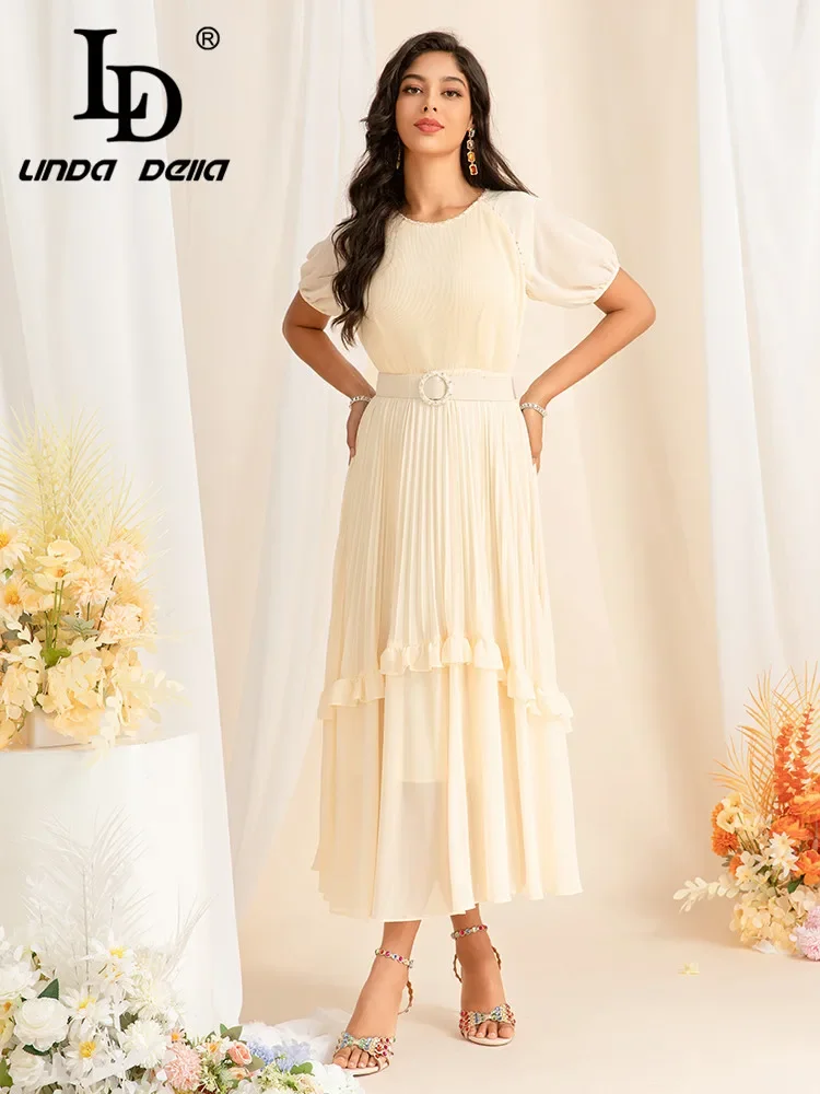 

LD LINDA DELLA High Quality French Original 2024 New Crewneck Pleated Light Luxury Socialite High Fixed Long Dress