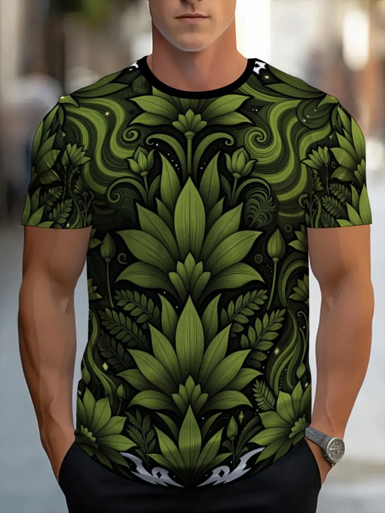 Men Black Background Green Swirl Leaf Floral 3D Print Crew Neck T Shirt Summer Short Sleeve Casual Street Tee