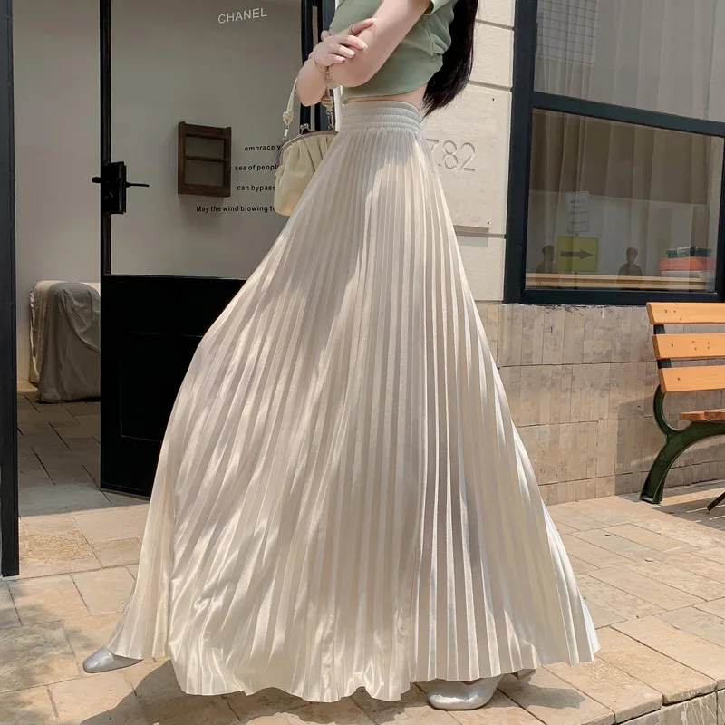 Women Fashion High Waist Pleated Solid Color Mid-calf Lengt Skirt All-match chiffon Clothing Lady Casual Stretchy Thicken Skirts