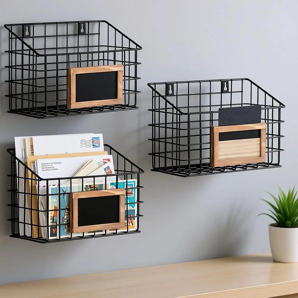 

Set of 3 - 10 Inch Matte Black Metal Wall Baskets with Chalkboard Labels for Home Storage