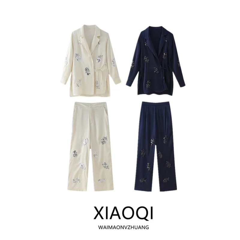 Silk Satin Women's Suit Jacket with Shawl Collar And Bead Decoration mid Waist Long Pants Fashionable Workwear for 25-35 Year...