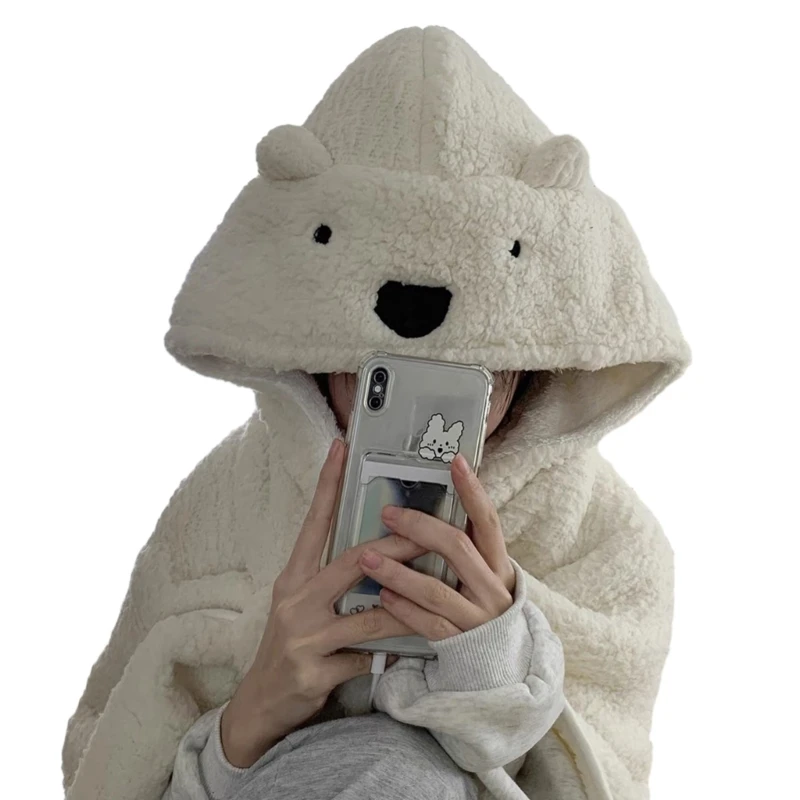 New Adult Winter Shawl Cartoon Bear Thick Shawl Plush Hooded Scarf for Women