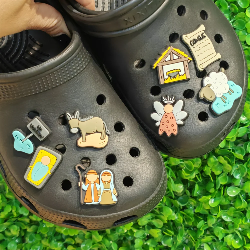 1-8 قطعة الكتاب المقدس مريم العذراء حمار الماعز الروح القدس يسوع الأحذية البلاستيكية السحر مشبك اكسسوارات الصنادل الأحذية الديكور طفل هدية عيد الميلاد