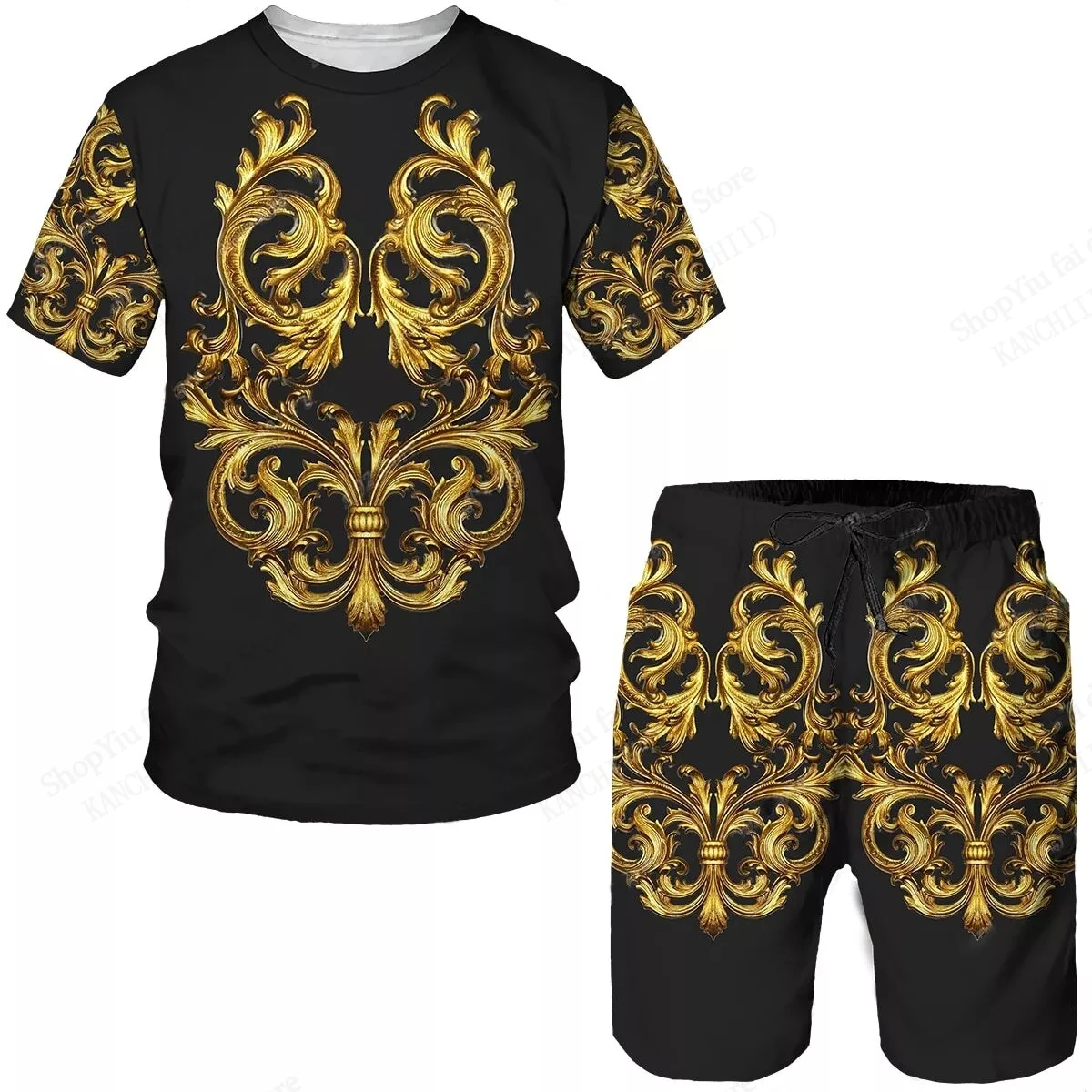 

Men's 2pcs Golden Short Sets Casual Short Sleeve T-shirt Shorts 2Pcs Set Pattern 3D Print Sports Beach Suit Gym Outfit Tracksuit