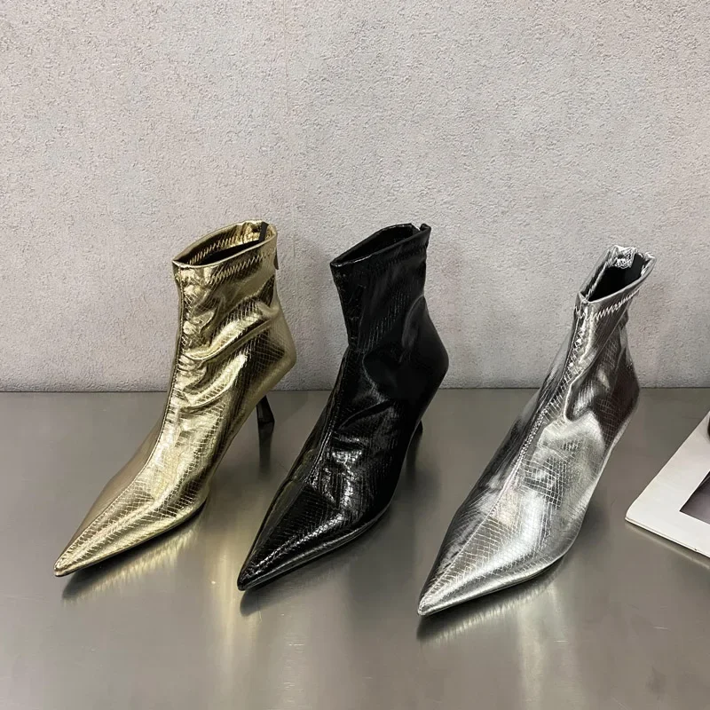 Eilyken Gold Silver Fashion SEXY Pointed Toe Women Ankle Boots Thin Low Heels Spring Shoes Short Ladies Booties Zapatos De Mujer