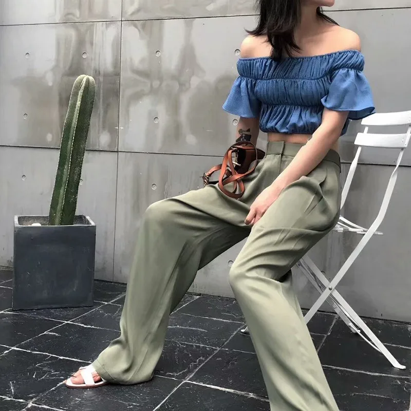 CHICEVER Summer Casual Solid Pants For Women High Waist Zipper Pocket Big Large Size Long Wide Leg Pants Fashion Clothing New