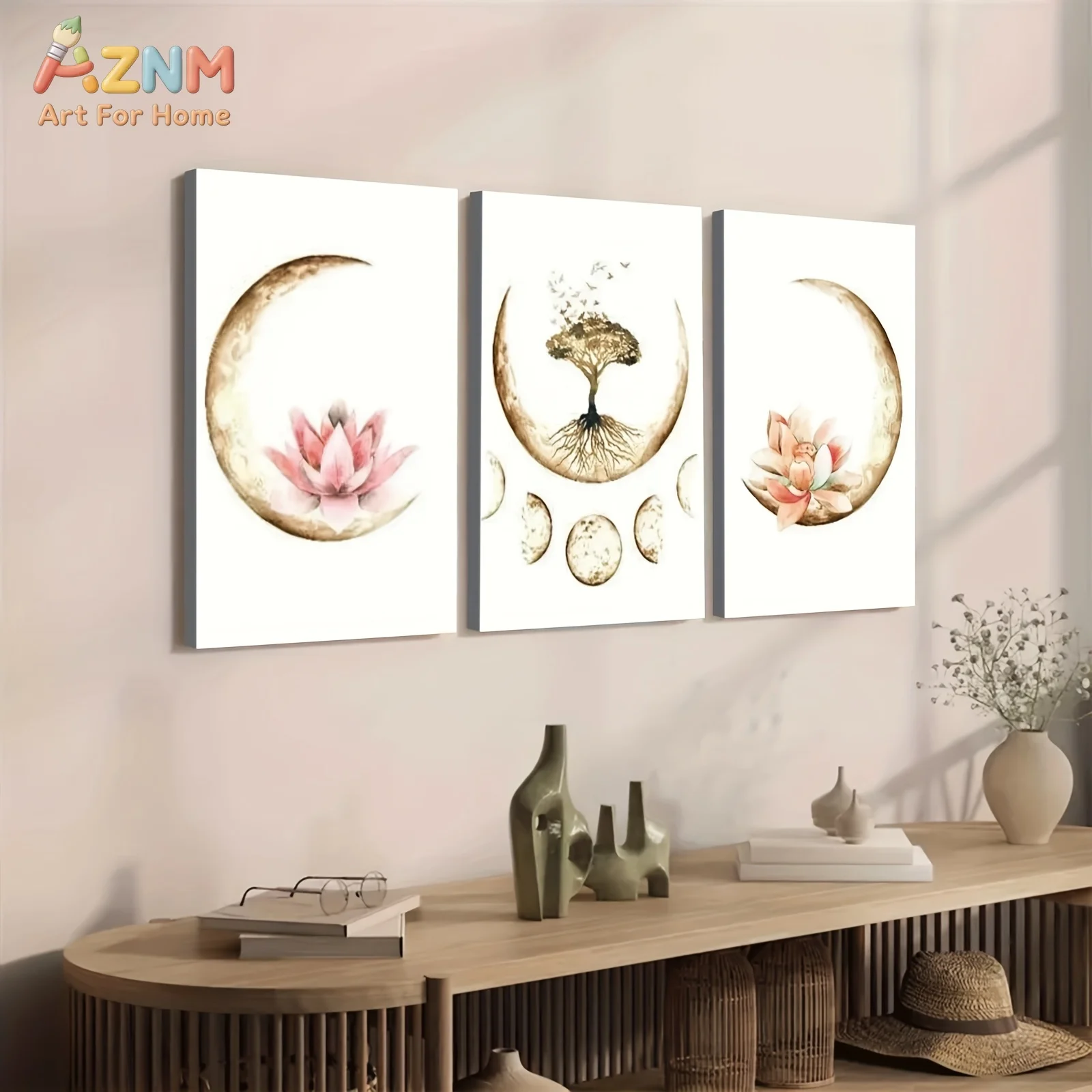 AZNM Watercolor Boho Moon Phase Lotus Flower Tree of Life Canvas Wall Art, Neutral Beige Pink Spiritual Celestial Print Poster,