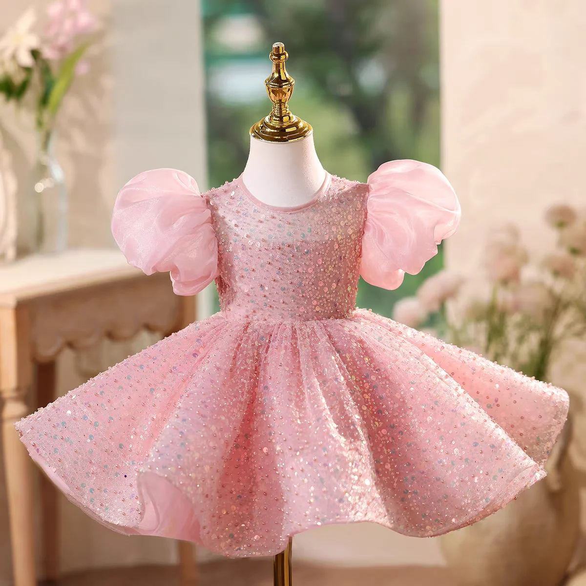 Dreamy D111 Vow carino rosa manica a sbuffo paillettes ragazze al ginocchio abito da ballo per bambini festa di compleanno festival celebrazione principessa
