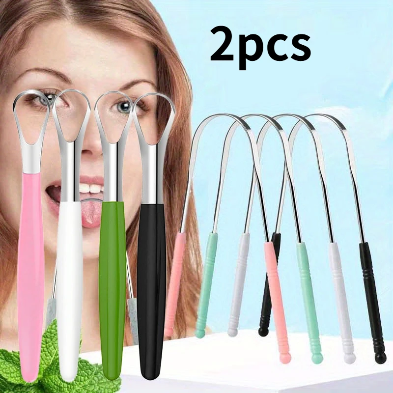 

2 шт. многоразовых скребков для чистки языка из нержавеющей стали, эргономичный скребок для ухода за полостью рта, для удаления налета и остатков пищи.