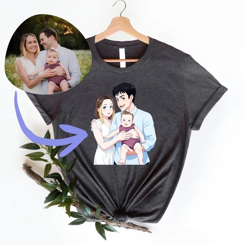 Custom Anime Portrait T-Shirt Personalized Cartoon Drawing From Photo Custom Family Cartoon Art Custom Family Kids TShirt Summer
