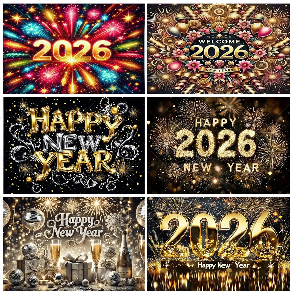 

2026 Happy New Year Theme Party Decoration Firework Shiny New Year Background Prop Golden Balloon Photography Backdrop Supplies