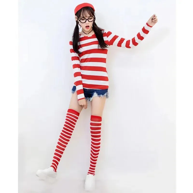 2025 12 أزياء الهالوين أين W-Wally أزياء Waldo Book Week التأثيرية قميص مخطط وقبعة مجموعة نظارات الوالدين والطفل والكبار