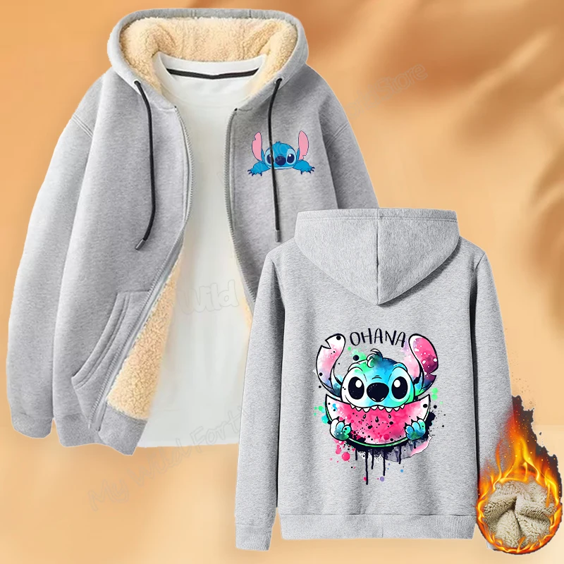 Kawaii Stitch Women Zip Up Fleece Hoodies Cartoon Printed Hood Sweatshirt Cute Female Hooded Pullover Ladies Winter Thicken Coat