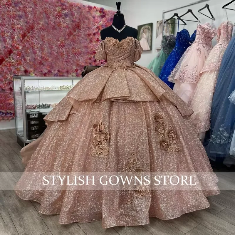 Бальное платье принцессы с блестящими оборками и блестками, 3D цветы, драпированное платье с открытыми плечами, Vestido De 15, Quinceañeras Morado