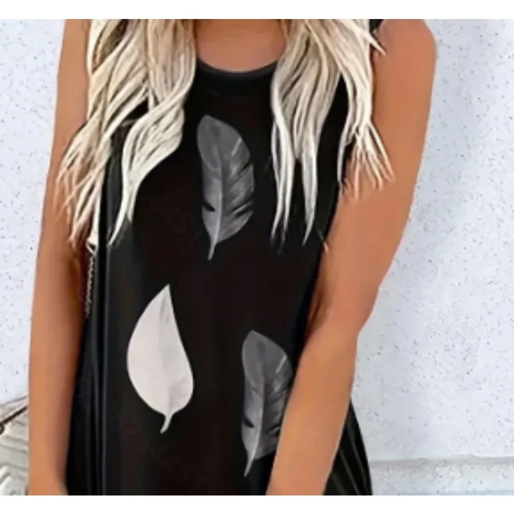Plus Größe 1XL-5XL Mode frauen Feder-Print Rundhals Ärmelloses Kleid Damen Casual Oansatz Lange Strand Kleid