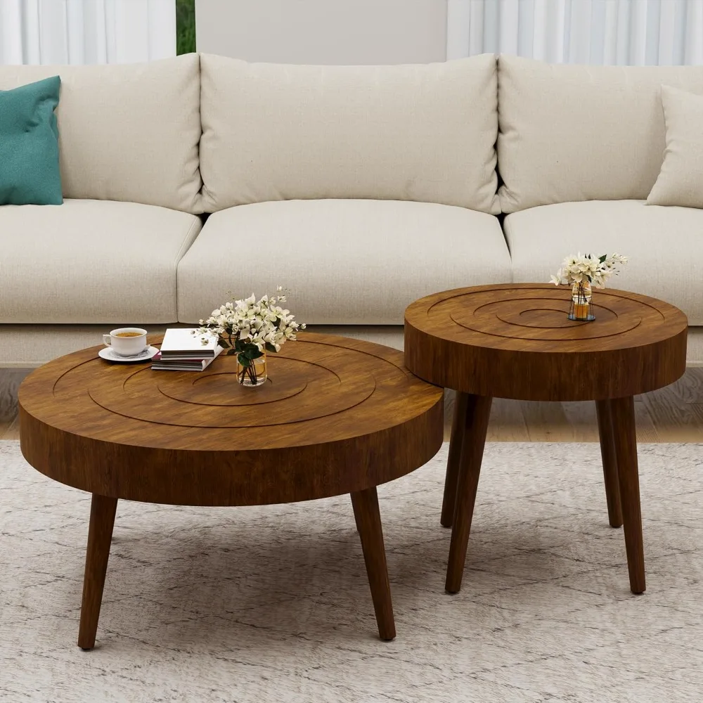 Round Coffee Table Set of 2, 2 Piece Farmhouse Nesting Table w Wooden Circle Sleeve Pattern, Modern MDF End Table for Living Roo