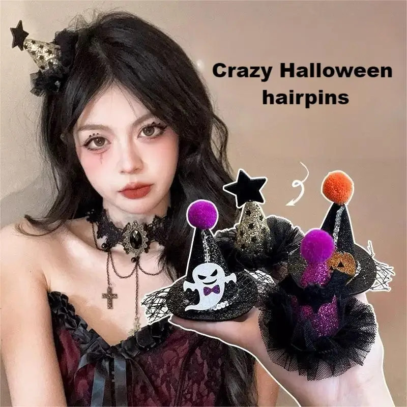 Halloween-Haarschmuck für Frauen – Hexenhut/Kürbis/Fledermaus/Schädel-Haarspangen für Party-Rollenspiele – Detail 2
