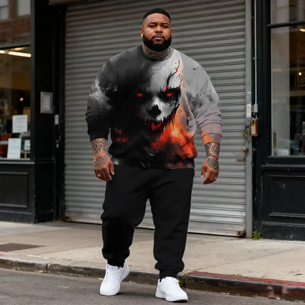 

S-9xl plus size Big & Tall Men's Hoodie Set: Skull Flair - 2-Piece Casual-Edgy, Durable Fabric, Stylish Skull Stitch Accents