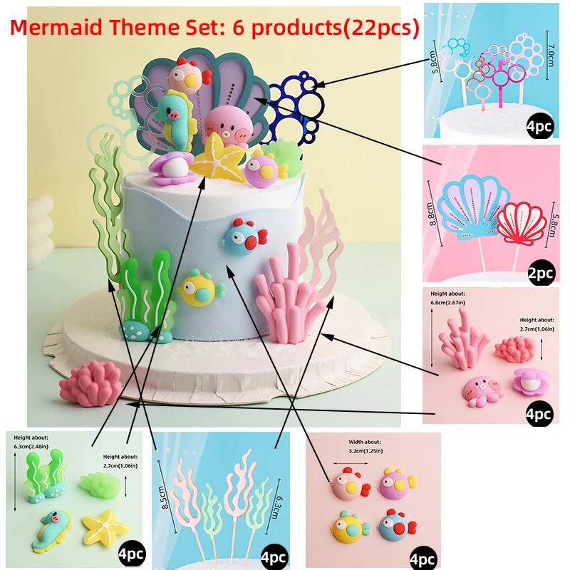 Meerjungfrau Kuchen Topper Regenbogen Schwanz Shell Schloss Tisch Ornamente Prinzessin Mädchen Baby Party Liefert Seestern Auto Kuchen Dekorationen – Detail 8