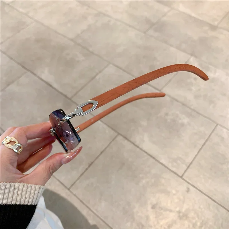 Small Rimless Sunglasses Men Women Wooden Luxury Brand Retro Sun Glasses Fashion Shades UV400 Travel Outdoor Eyewear view 5