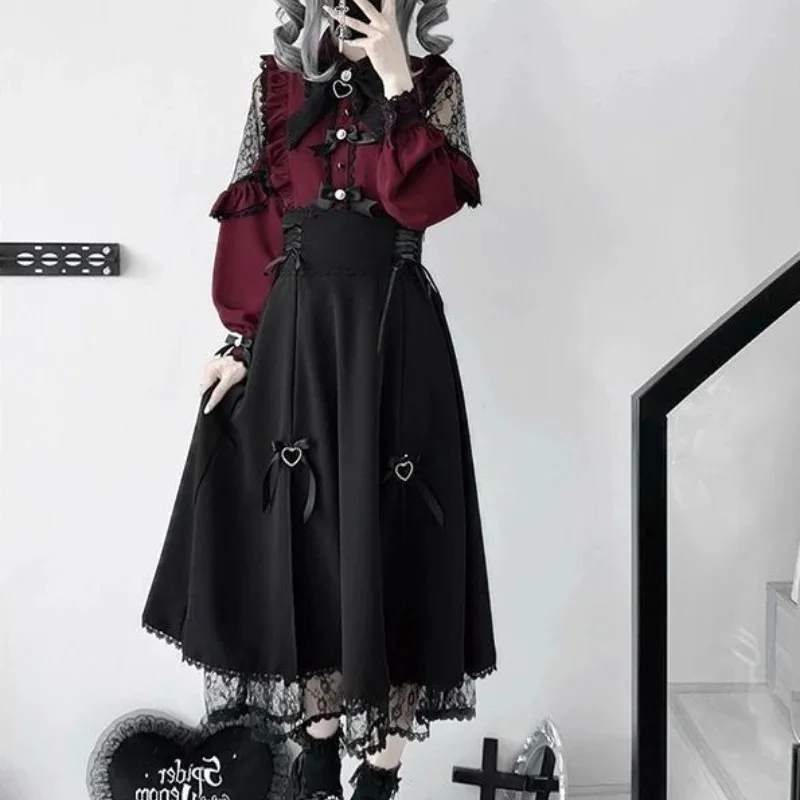 Jirai Kei JK Skirt Uniform Cosplay Maid Burgundy Lace Blouse Dress Sweetheart Encounters Lolita for Girls Women Theme Party