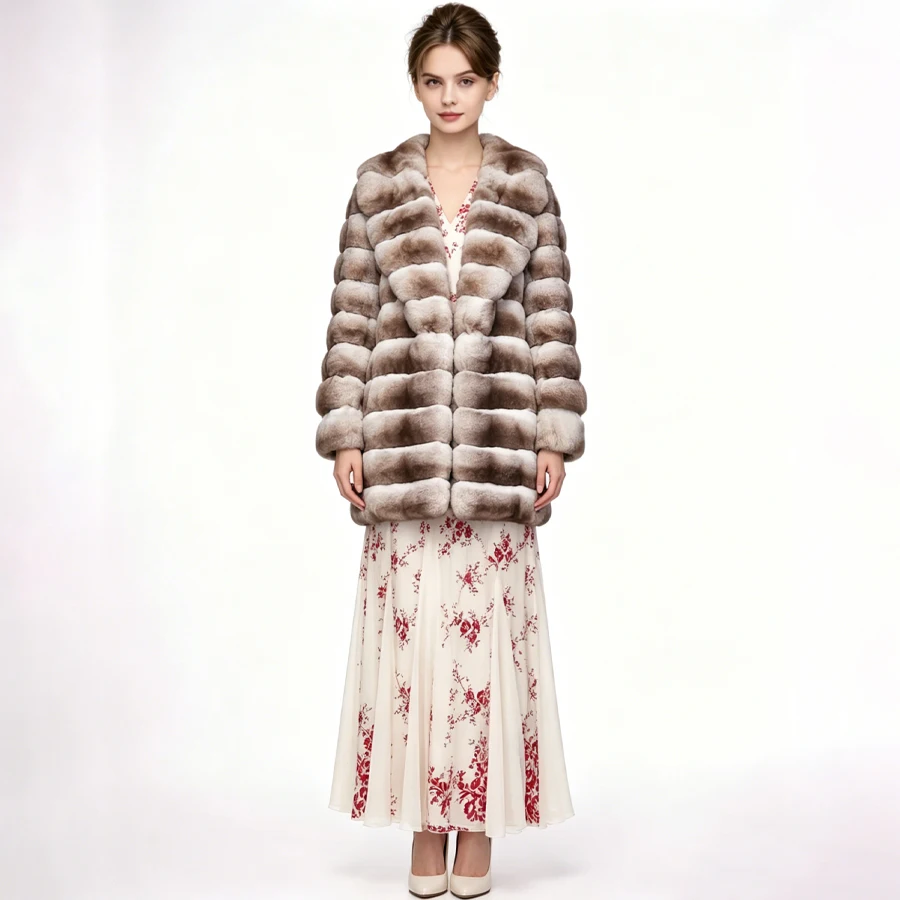 

Rex Rabbit Fur Coat With Turndown Collar Women's Winter Jacket Long Chinchilla Rabbit Fur Jackets New Arrival Genuine Fur Coat