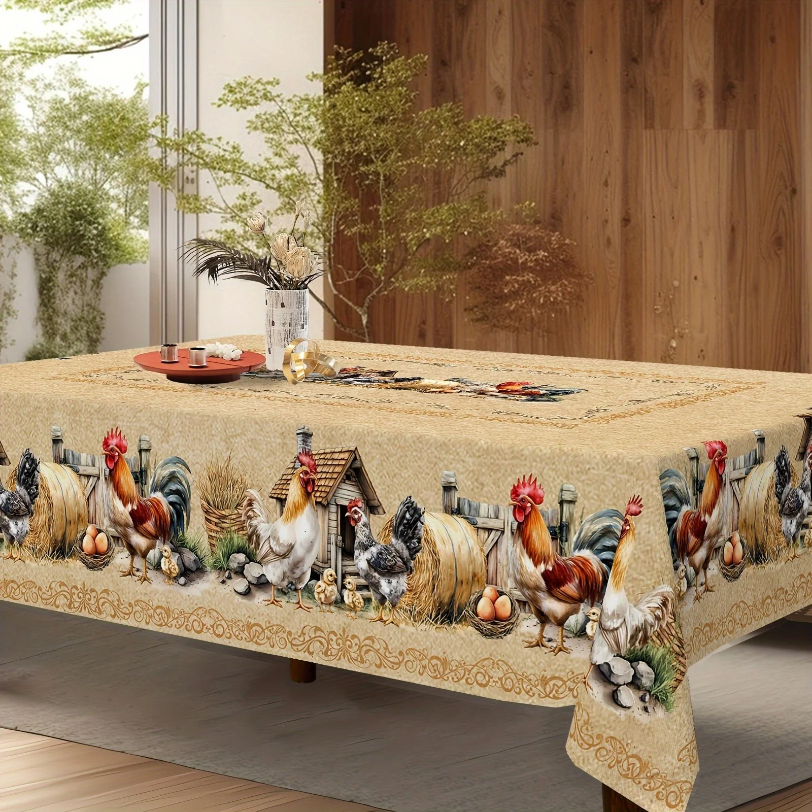 Retro farmhouse-style tablecloth - Pattern of roosters and chicks in a rural scene, with embossed edges.zyc