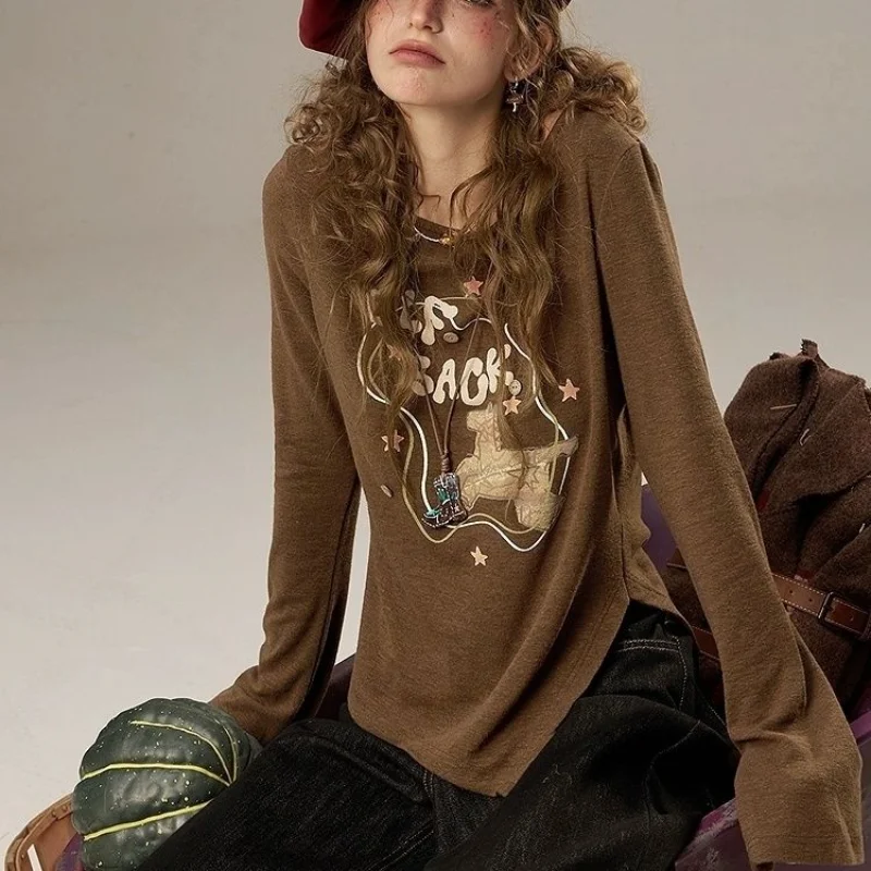 

Irregular Off-white Printed Long-sleeved T-shirt for Women 2025 Early Autumn New Slim Fit Thin Top