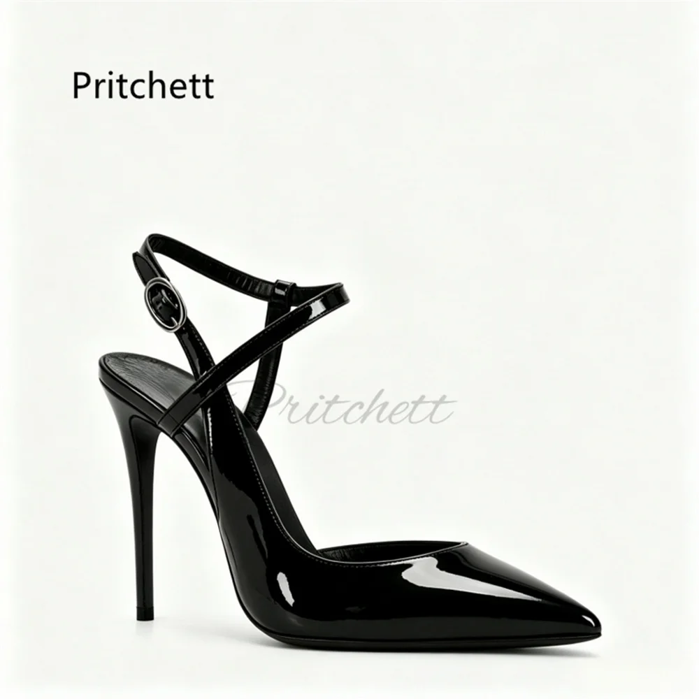 Gold Silver Stiletto Heels Sandals for Women Pointed Cover Toe Patent Leather Ankle Buckle Strap Thin High Heels Dress Shoes - view 3